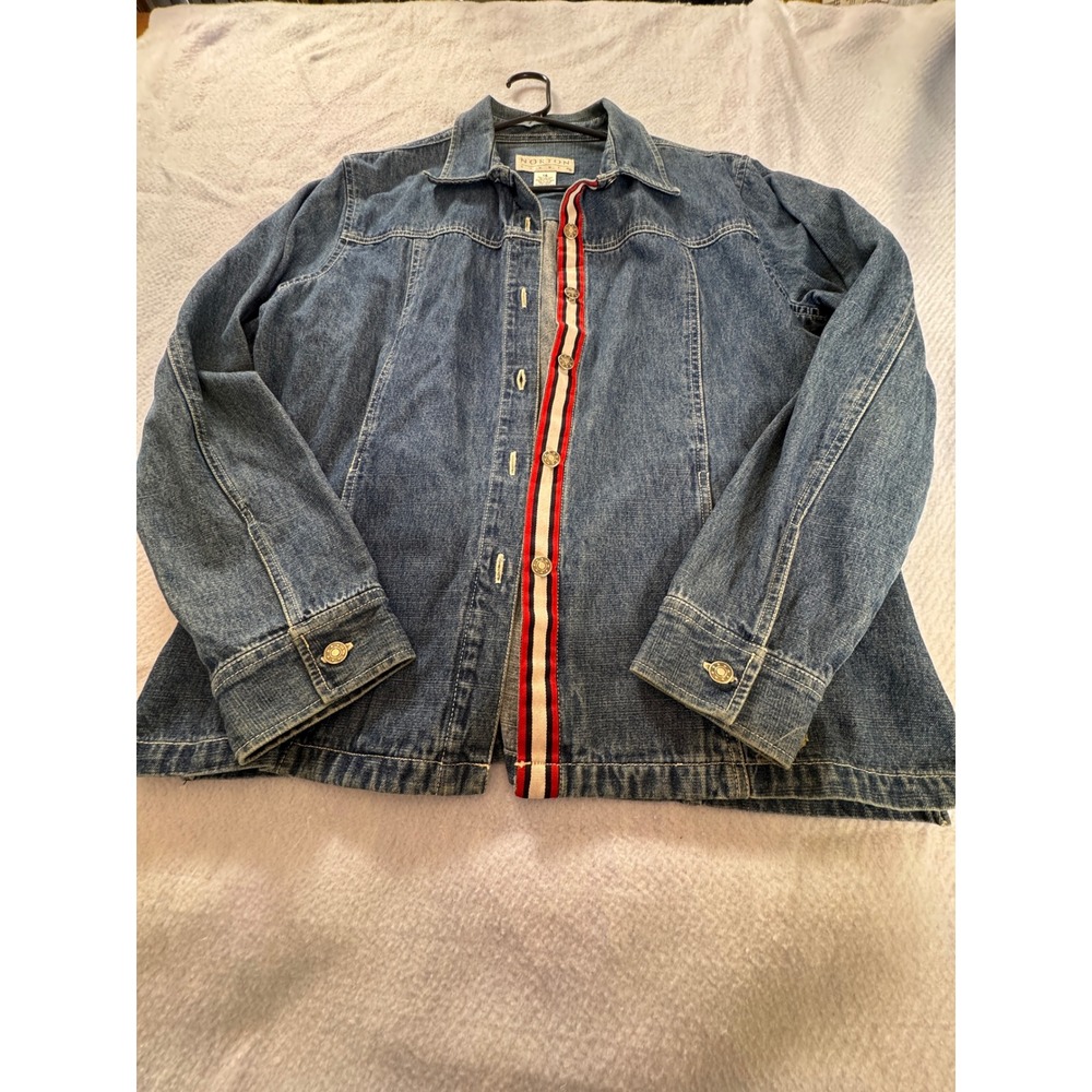 Norton Studio Womens Denim Jacket Blue Striped Trim Star‎ Buttons Size 14 Cotton